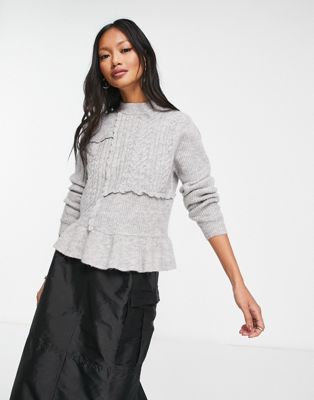 Selected Femme wool panelled cable knit jumper with peplum in grey