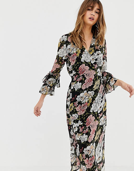 Selected Femme Wrap Midi Dress With Ruffle Sleeves