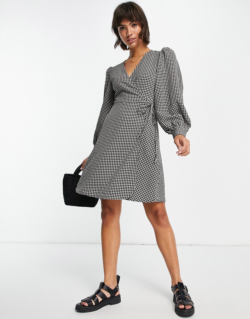 Selected Femme wrap mini dress with volume sleeves in mono gingham-Multi