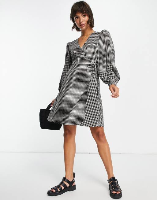 Selected Femme wrap mini dress volume sleeves in mono gingham