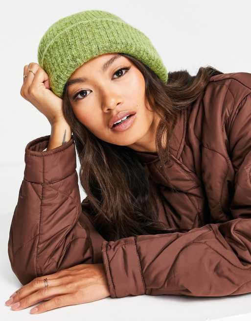 Selected Femme – Zielona czapka beanie z prążkowanej dzianiny szczotkowanej z wełny