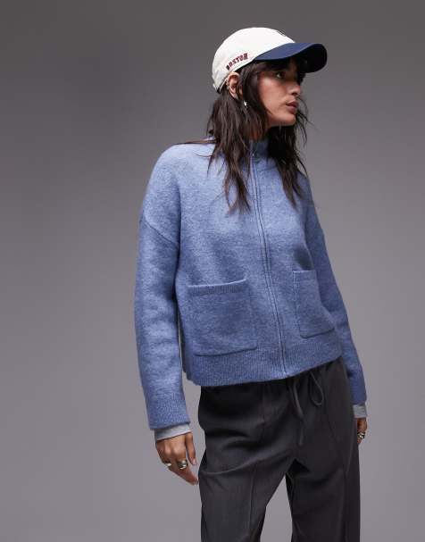 Selected zip thru alpaca blend fluffy cardigan with pockets in blue