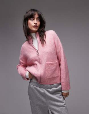 Selected Femme zip thru alpaca blend fluffy cardigan with pockets in pink