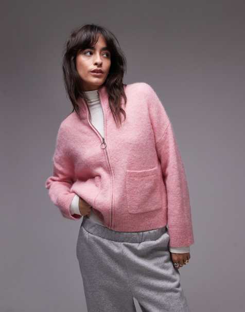 Selected Femme zip thru alpaca blend fluffy cardigan with pockets in pink - view 1