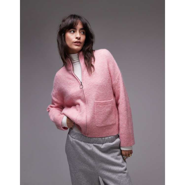 Selected Femme zip thru alpaca blend fluffy cardigan with pockets in pink ASOS