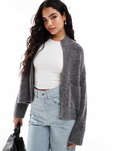 Selected Femme zip up alpaca blend fluffy cardigan with pockets in gray - view 1