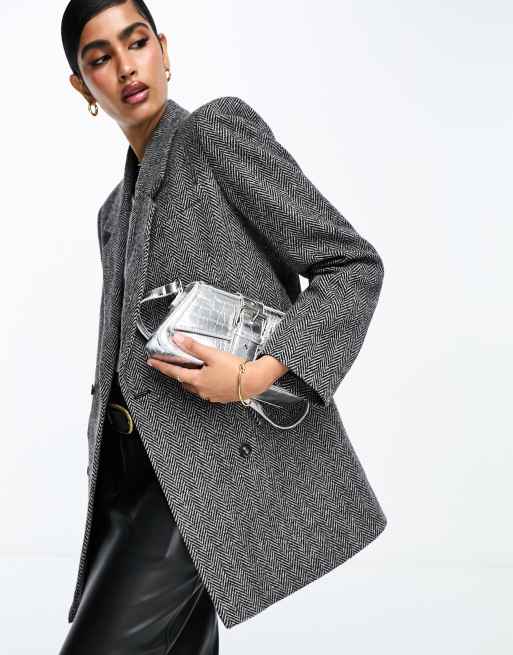Selected Femme – Zweireihiger Woll-Blazer in Grau mit Fischgrätmuster und langem Schnitt