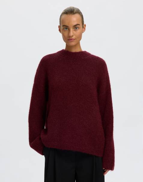 Selected Gabriella oversized geribbelde trui van wolmix met ronde hals in rood - view 1