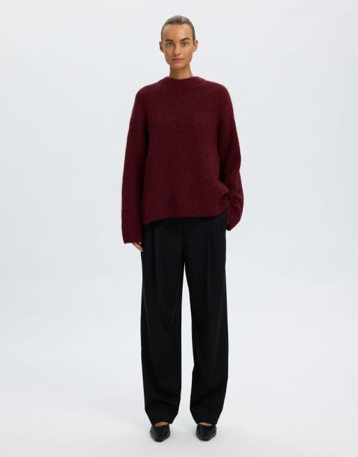 Selected Gabriella oversized geribbelde trui van wolmix met ronde hals in rood, 3 van 6