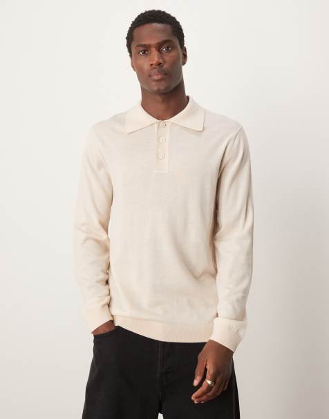 Selected - Gebreid poloshirt van merinowol in crème - view 1
