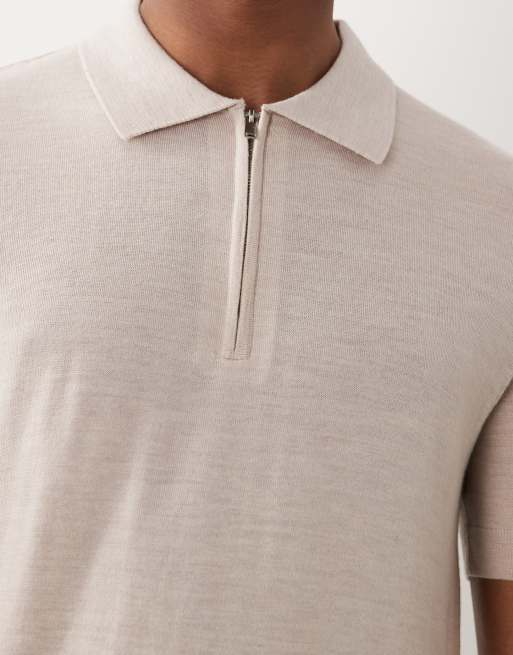 Selected - Gebreide polo van 100% wol met korte rits in beige , 5 van 5