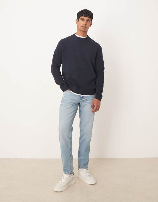 Selected - Gebreide trui van 100% katoen met rechte pasvorm in marineblauw, 2 van 5