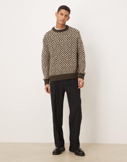 Selected - Gebreide trui van wolmix met geometrische print in bruin, 2 van 5