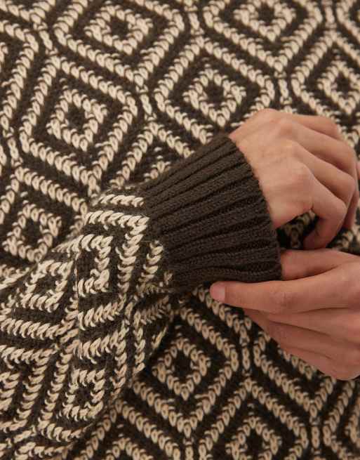 Selected - Gebreide trui van wolmix met geometrische print in bruin, 5 van 5