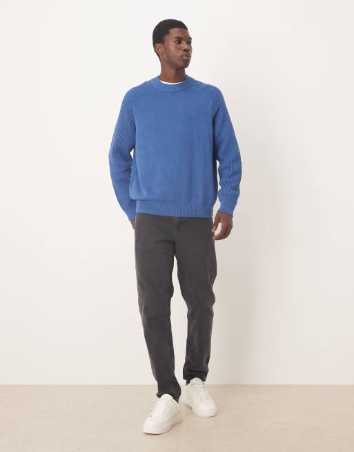 Selected - Geribbeld gebreide trui van 100% katoen in blauw, 2 van 5