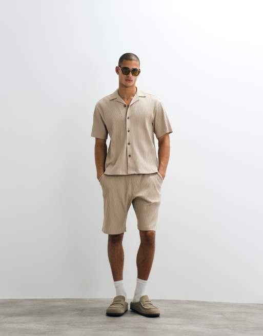 Selected - Geribbeld overhemd met korte mouwen in beige, deel van co-ord set   , 2 van 5