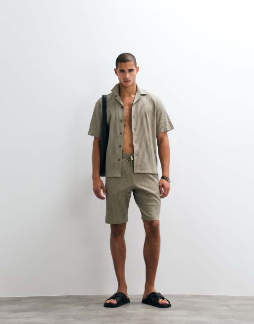 Selected - Geribbelde short in kaki, deel van co-ord set, 2 van 5
