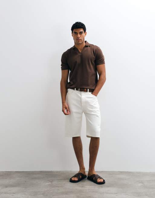 Selected geribde polo met split hals in bruin, 3 van 5