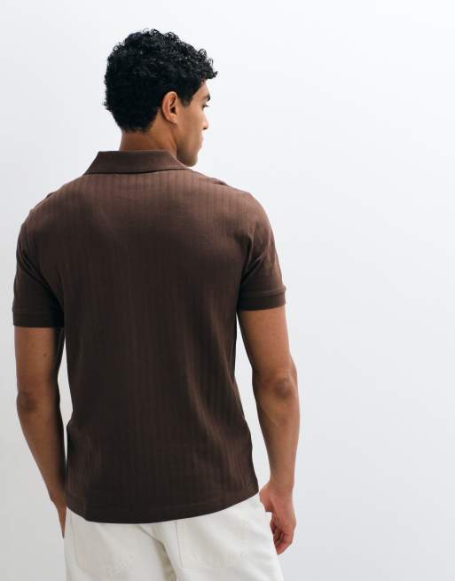 Selected geribde polo met split hals in bruin, 5 van 5