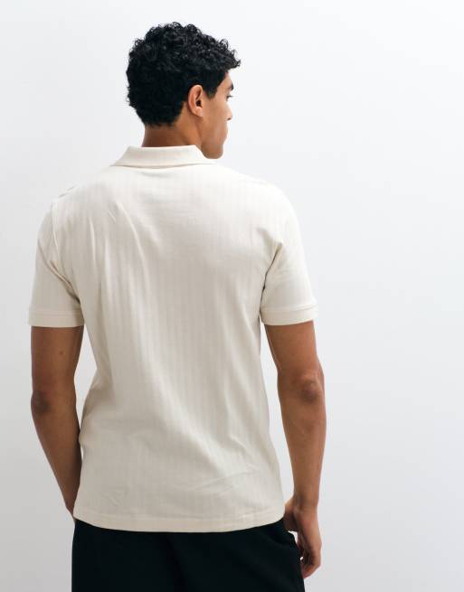 Selected geribde polo met split hals in crème, 5 van 5