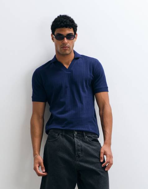 Selected geribde polo met split hals in donkerblauw - view 1
