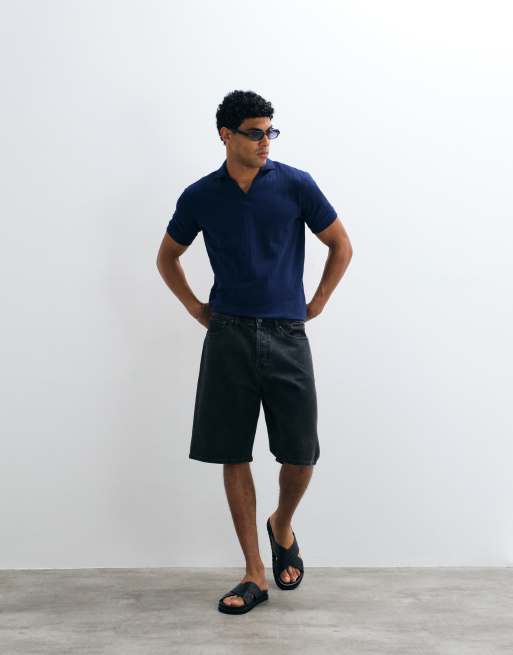 Selected geribde polo met split hals in donkerblauw, 2 van 5