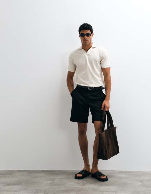 Selected geripptes Polo mit Schlitz am Ausschnitt in Cremeweiß, 3 von 5