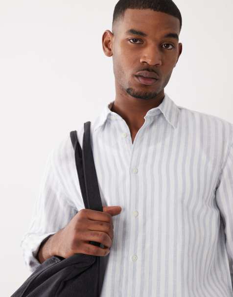 Selected - Gestreept overhemd van linnenmix met lange mouwen in blauw - view 1