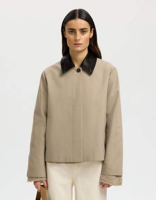 Selected - Giacca corta color pietra con colletto a contrasto