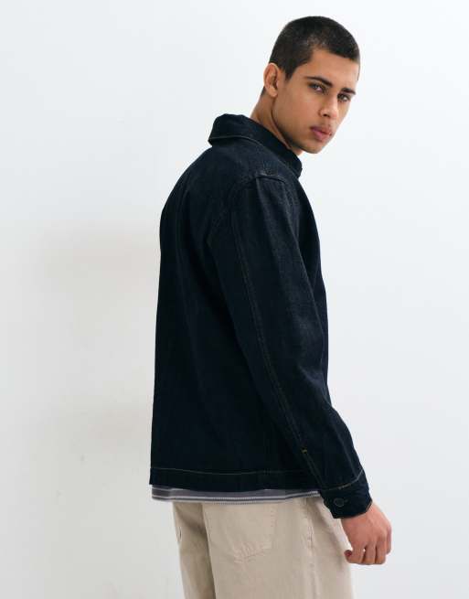 Selected giacca di jeans in coordinato con cimosa e impunture a contrasto in blu scuro, 5 di 5