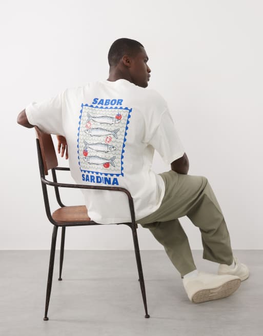 Selected – Gräddvit t-shirt i oversize med sardintryck baktill, 4 av 5