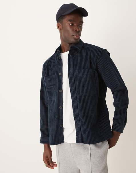 Selected cord overshirt in navy pin stripe 