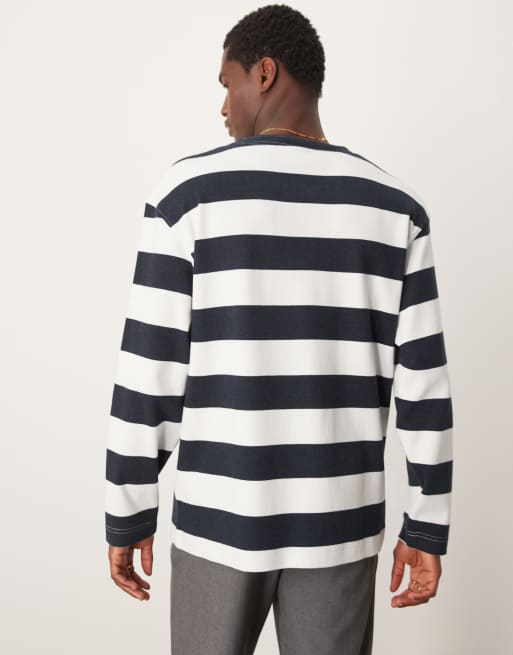 Selected – Granatowy pudełkowy T-shirt oversize z długimi rękawami w paski , 2 z 4