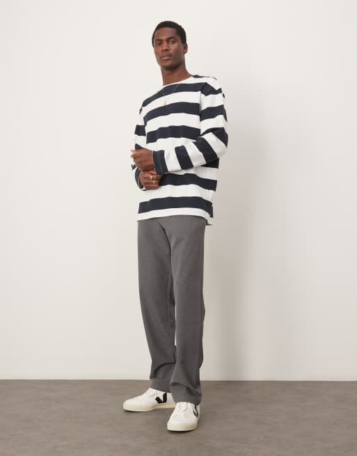 Selected – Granatowy pudełkowy T-shirt oversize z długimi rękawami w paski , 4 z 4