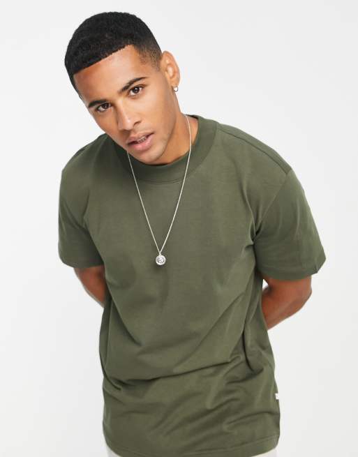Selected – Gruby T-shirt bawełniany oversize w kolorze khaki