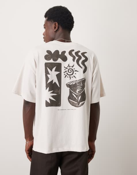Selected – Gruby T-shirt oversize w kolorze złamanej bieli z nadrukiem artystycznym na plecach - view 1