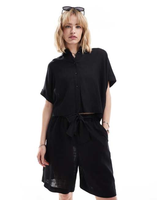 Selected - Gulia - Camicia corta in misto lino nera in coordinato