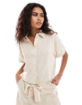 Selected Selected Gulia cropped linen blend shirt co-ord in sand-Neutral