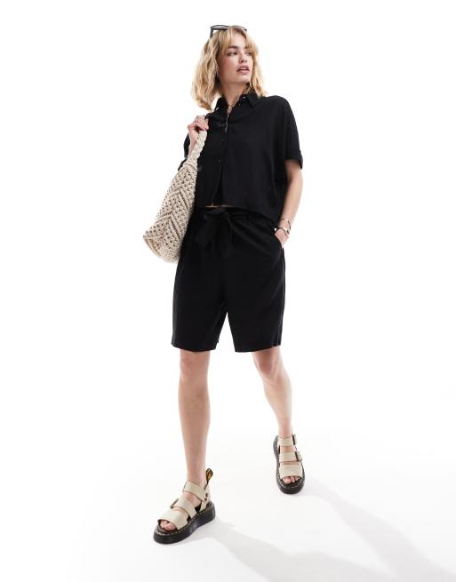 Selected - Gulia - Pantaloncini in misto lino a vita alta neri in coordinato