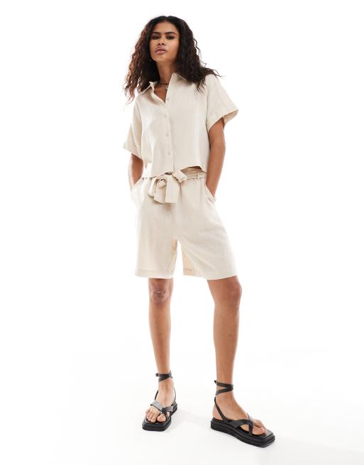 Selected - Gulia - Pantaloncini in misto lino a vita alta sabbia in coordinato