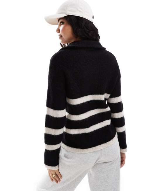Selected half zip knitted merino wool blend stripe jumper in black with white stripe, 4 of 4