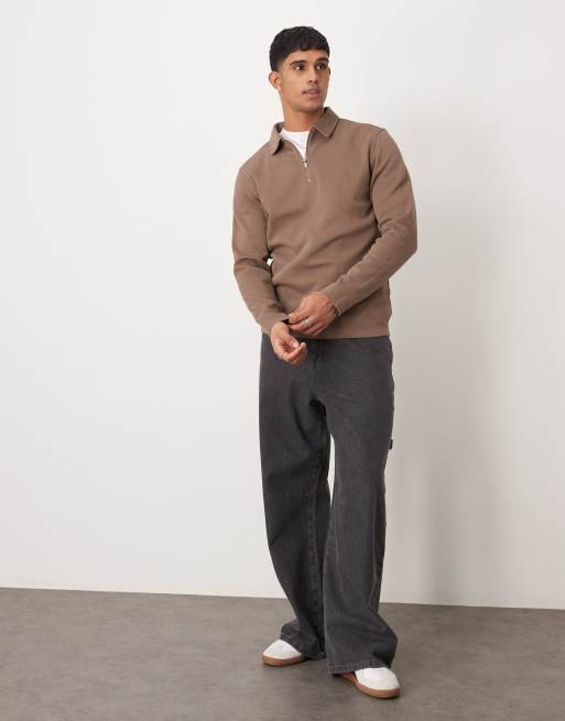 Selected half zip long sleeve polo shirt in tan  , 3 of 4