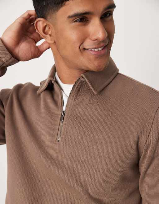 Selected half zip long sleeve polo shirt in tan  , 4 of 4