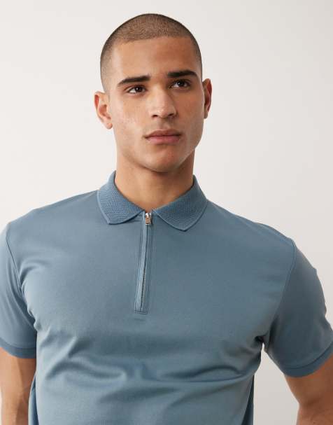 Selected half zip polo shirt in blue - view 1