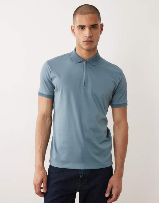 Selected half zip polo shirt in blue, 3 of 5