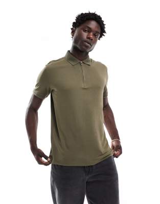 Selected Half Zip Polo Shirt In Green