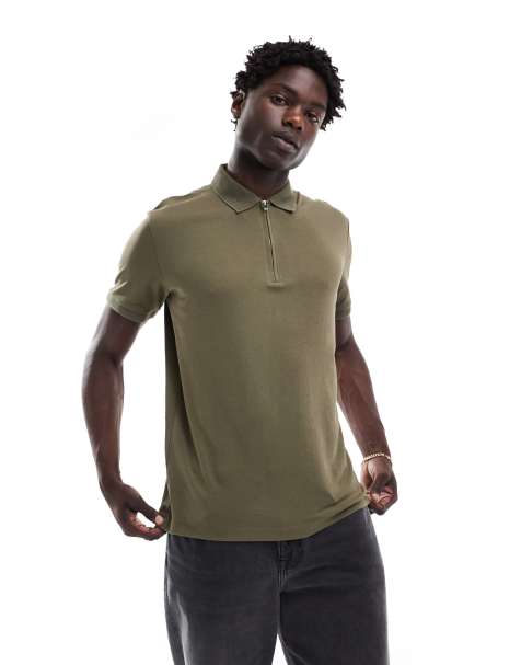Selected half zip polo shirt in olive green  - view 1