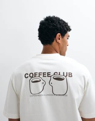 Selected Heavyweight Boxy Fit T-shirt With Brown Coffee Club Backprint In White