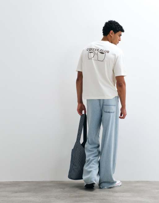 Selected heavyweight boxy fit t-shirt with brown coffee club backprint in cream, 2 of 5