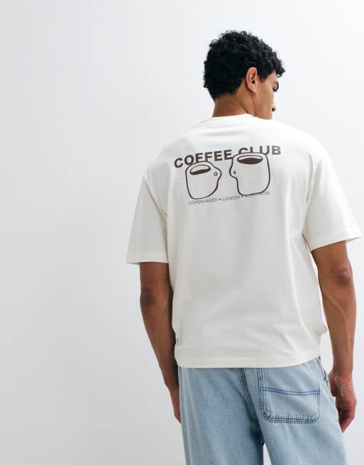 Selected heavyweight boxy fit t-shirt with brown coffee club backprint in cream, 3 of 5